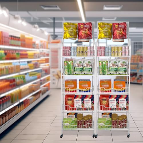 5 Tier Snack Rack Display Stand - Retail Display Shelves with Top Pegboard, 15 Hooks, Bakery Display Rack on Wheels for Easy Mobility and Organization (White) - color: White