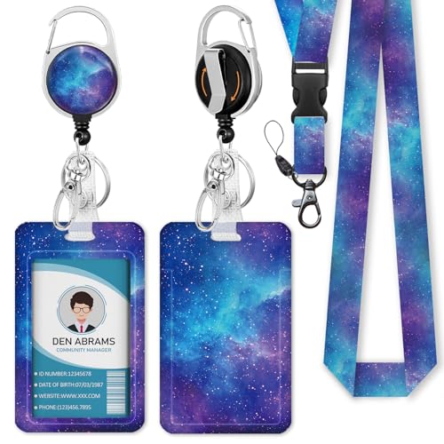 Piefly Lanyards for Id Badges, Teacher Card Holder Retractable Reel Gaxlxy - color: Nebula Starry Sky