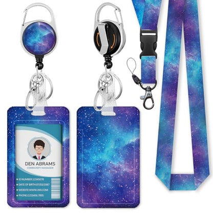 Piefly Lanyards for Id Badges, Teacher Card Holder Retractable Reel Gaxlxy - color: Nebula Starry Sky
