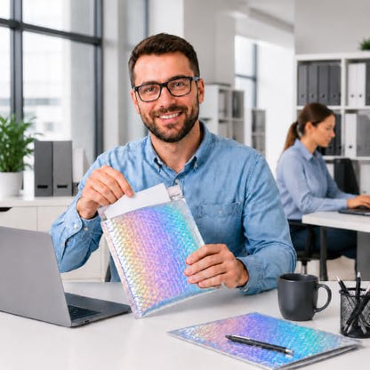 50Pack Bubble Mailers, Holographic Bubble Padded Envelopes, 3 Sizes