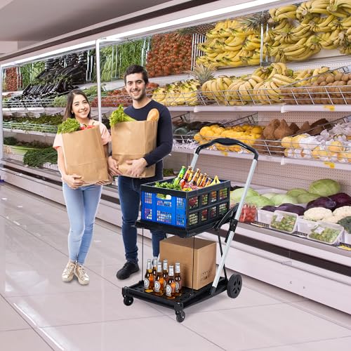 2-Tier Foldable Shopping Trolley - 2 Tier Folding Grocery Carts (198 LB Capacity), Portable Grocery Cart with Wheels & Removable Crate (Blue) - color: Blue