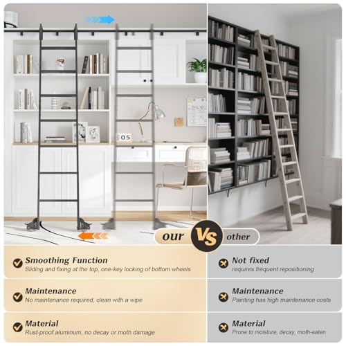 Fredbeck Rolling Library Step Ladders 96 inch Tall with 12FT Sliding Hardware Track Kit 7 Steps for Bookshelf wall Home Ladder