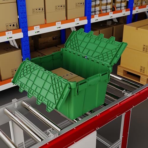 6 Pack Green Attached Lid Tote Box 22 x 16 x 13 Inch, Stackable Plastic Storage Container with Hinged Lids, Heavy Duty Nestable Moving and Shipping Bin for Warehouse, Garage, Kitchen and Logistics Use - color: Green