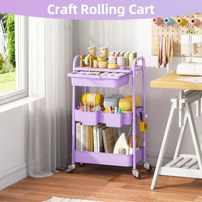 KINGRACK 3 Tier Metal Rolling Cart with Drawer, Purple Utility Storage Cart - color: Purple