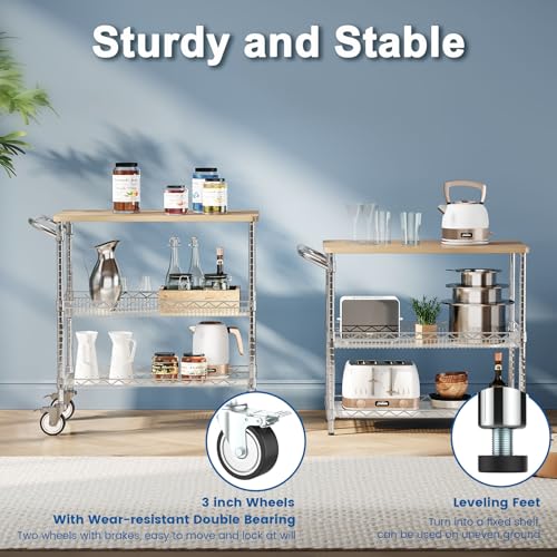 Rolling Kitchen Carts with Wheels, 3-Tier Utility Cart with Wood Tabletop - color: Wood-chrome