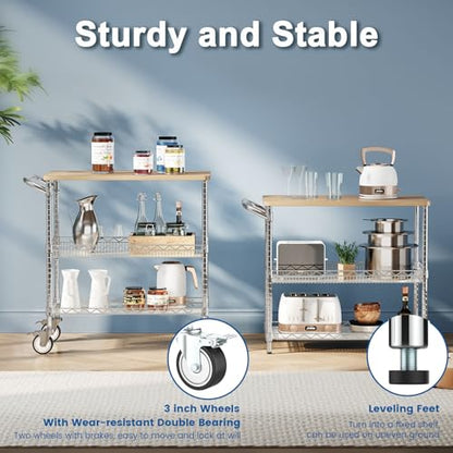 Rolling Kitchen Carts with Wheels, 3-Tier Utility Cart with Wood Tabletop - color: Wood-chrome