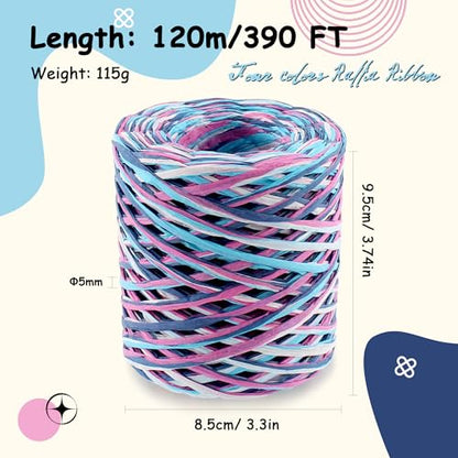 393 Feet Raffia Paper Ribbon, Blue White Pink Navy Blue - color: 4 color-blue white pink navy blue