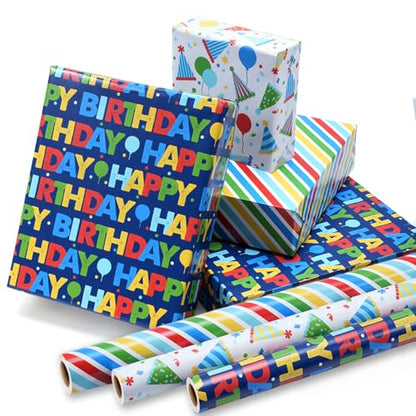 BIOBROWN Happy Birthday Wrapping Paper for Boys, Colorful Balloon & Striped - color: Blue&Birthday
