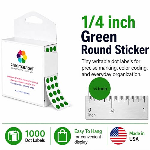 ChromaLabel Dot Stickers, 1/4 Inch Green, 1000/Box - color: Green, size: 1/4"