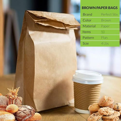 Perfect Stix 4lb Brown Paper Lunch Bags - Disposable, Fold Top Closure, (Pack of 100) - size: Pack of 100ct