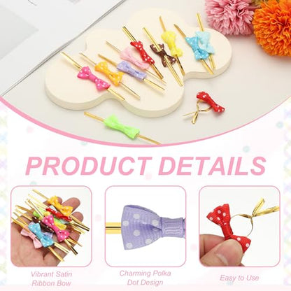 uxcell 50 Pcs Twist Tie Bows, 3.15" Mini Bows Twisty Ties with Small Cute Dots Satin Ribbon for Lollipop DIY Crafts Baked Food Treat Bag Package, Pink - color: Pink