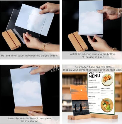 newnewshow 8.5"x11" Acrylic Sign Holder with Wood Base Wood Sign Holder Vertical or Slant Back Display for Store Office Wedding (3pack)