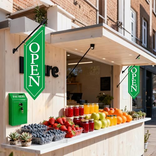 Locking Metal Cash Box with Key – 10.2"x5.7"x2.8" Money Collection Safe for Farm Stand or Retail – OPEN Flag Banner Kit with Pole & Bracket, Double-Sided Canvas Open Sign 42"x12" (Green) - color: Green