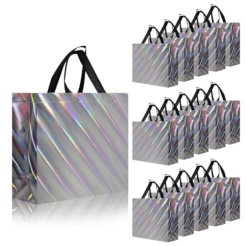 cabzymx Non Woven Reusable Gift Bags Bulk 16 Pack - Sturdy Gift Bags with Handles for Events & Parties - Eco Friendly Goodie Bags (Silver 12.6" L x 4.7" W x 11" H) - color: Silver-16 PACK, size: 1 Count (Pack of 16)