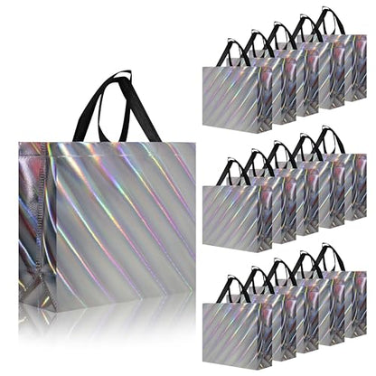 cabzymx Non Woven Reusable Gift Bags Bulk 16 Pack - Sturdy Gift Bags with Handles for Events & Parties - Eco Friendly Goodie Bags (Silver 12.6" L x 4.7" W x 11" H) - color: Silver-16 PACK, size: 1 Count (Pack of 16)