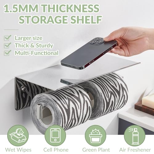 APLusee Double Toilet Paper Holder with Storage Shelf, Polished Chrome - color: Polished Chrome, size: Double Rod