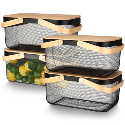 Jingmore 4 Pcs 16 Inch Black Metal Mesh Baskets with Lid - color: Black, size: 16 Inch