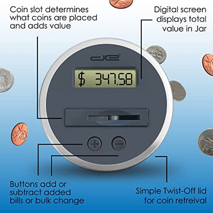 Jumbo Digital Coin Counter Bank - Extra Large Savings Jar for Pennies Nickles Dimes Quarters Half Dollar and Dollar Coins | Clear Jar w/LCD Display - style: Jumbo