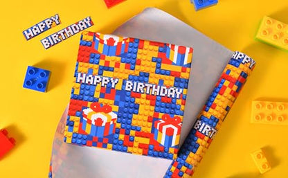 Sikiweiter Building Block Birthday Wrapping Paper Roll, 17 Inches x 16.5 Feet, Colorful Brick Pattern Gift Wrap with Happy Birthday Text and Present Box Design for Kids Birthday Party, Boys Girls Gifts, Party Supplies(Building Bricks Birthday) - color: Bu