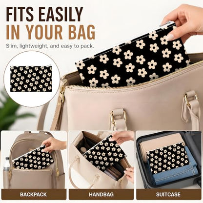 Money Bag with Zipper, Cute PU Leather Cash Bags, Portable Bank Bag Money Pouch for Cash, Coins, Checks, Receipts, Invoices Cosmetics Tools, Deposit Bag for Office Travel, Black Daisy - color: Black Daisy