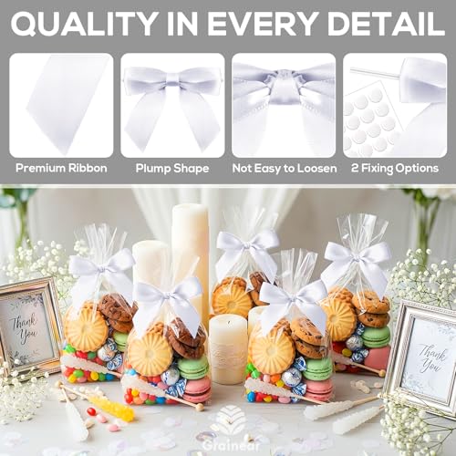 50 Pcs White Satin Ribbon Bows, 3.5" x 3.5", with Twist Ties - color: White