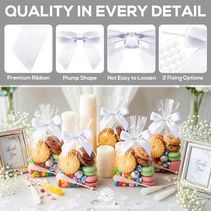50 Pcs White Satin Ribbon Bows, 3.5" x 3.5", with Twist Ties - color: White
