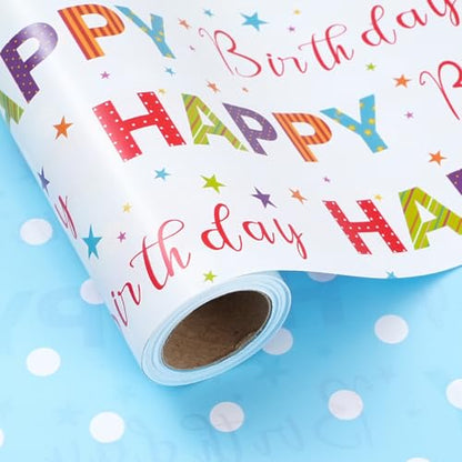 Ulmasinn Reversible Birthday Wrapping Paper Roll - 17” x 16.4 Ft, Double Sided Happy Birthday & Blue Polka Dots for Boys Girls Kids Party - color: Happy Birthday & Blue