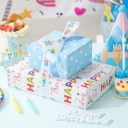 Ulmasinn Reversible Birthday Wrapping Paper Roll - 17” x 16.4 Ft, Double Sided Happy Birthday & Blue Polka Dots for Boys Girls Kids Party - color: Happy Birthday & Blue