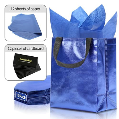 KeerxunBag Blue Gift Bag - 12 Pieces - Reusable - With Inner Liner Paper - color: blue
