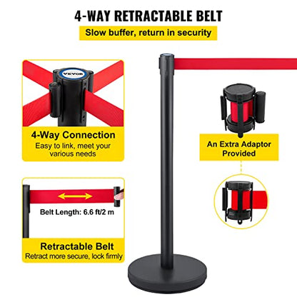 VEVOR Crowd Control Stanchion, Set of 6 Pieces Stanchion Set, Stanchion Set w/ 6.6 ft/2 m Red Retractable Belt, Crowd Control Barrier w/Rubber Base – Easy Connect Assembly for Crowd Control (Black) - color: Black & Red