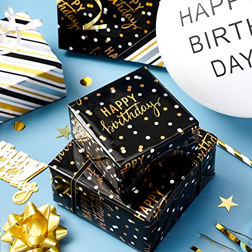 LeZakaa Reversible Black Birthday Wrapping Paper Roll for Boys Men, Happy Birthday Lettering & Stripe Pattern with Metallic Gold Foil in Black, Mini Roll, 17 inches x 32.8 Feet (46.45 sq.ft.) - color: Birthday - Gold Black, size: 17" X 32.8 ft