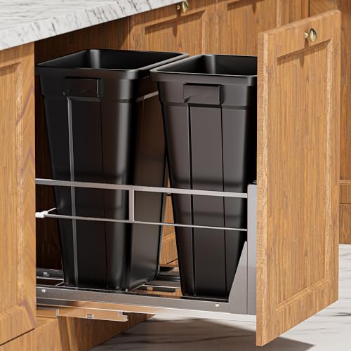YJHome Double 10Gal Pull Out Trash Can Cabinet, Soft-Close Slides - color: Black, style: Double