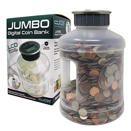 Jumbo Digital Coin Counter Bank - Extra Large Savings Jar for Pennies Nickles Dimes Quarters Half Dollar and Dollar Coins | Clear Jar w/LCD Display - style: Jumbo