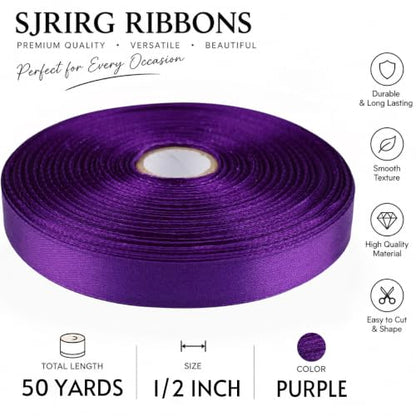 1/2 Inch Purple Satin Ribbon 50 Yards Single Face Polyester - color: Purple, size: 1/2 inch