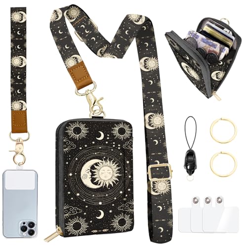 Daily Carry Roomy Leather Zipper Lanyard Wallet for Women, Adjustable Sun Moon Lanyard with ID Holder, RFID Badge Holder, 3 Clear Multiuse Cards, 2 Key Rings, 1 Phone Strap for Teacher Office - color: Sun and Moon