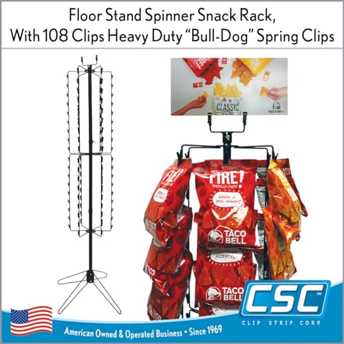Clip Strip Corp. Free Standing Spinner Retail Display Rack 68.5" H,108 Total Clips, 4" Top Wire Sign Holder, 12 Rotating Rods each w/ 9 Heavy Duty Genuine Coil Spring Clips, 24" W Base, Black
