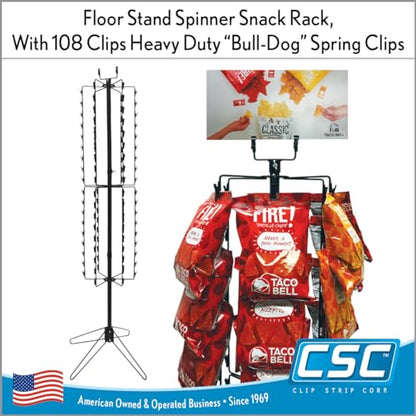 Clip Strip Corp. Free Standing Spinner Retail Display Rack 68.5" H,108 Total Clips, 4" Top Wire Sign Holder, 12 Rotating Rods each w/ 9 Heavy Duty Genuine Coil Spring Clips, 24" W Base, Black