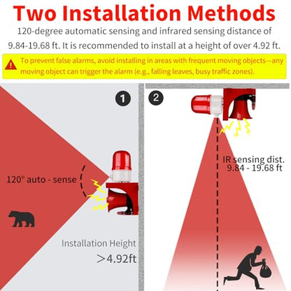 AC110V Motion Sensor Alarm with Human Detection, 120dB Adjustable Siren & Red LED Strobe Lights Outdoor Security Alarm for Home Theft, Animal Intrusion, Garden Protection, Property Protection
