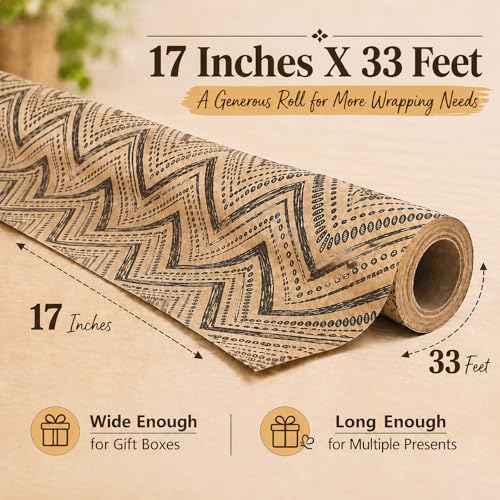 Ulmasinn Boho Kraft Wrapping Paper Roll, Black Geometric Gift Wrap on Recyclable Brown Kraft Paper, 17" x 33', Rustic Wrapping Paper for Wedding, Birthday, Baby Shower, Holiday Gifts & DIY Crafts - color: Ethnic Tribal
