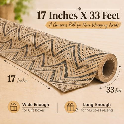 Ulmasinn Boho Kraft Wrapping Paper Roll, Black Geometric Gift Wrap on Recyclable Brown Kraft Paper, 17" x 33', Rustic Wrapping Paper for Wedding, Birthday, Baby Shower, Holiday Gifts & DIY Crafts - color: Ethnic Tribal