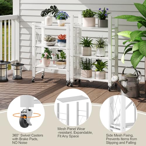 6-Tier Foldable Storage Shelves with Wheels, Folding Metal Shelf Unit - color: White, size: 6 Tier