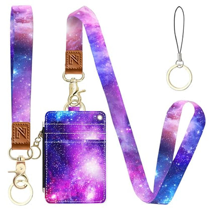 2-in-1 ID Badge Holder & Lanyard Wallet，Cute Zippered Pouch Starry Sky - color: Purple Starry Sky