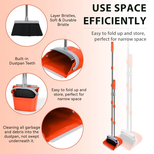 YZO Broom with Dustpan Combo Set, 54.33 Inch Long Handle Standing Design, Dustpan Front Rubber Tight Seal, Broom with 5 Layer Bristles, Suitable for Living Room, Yard, Office and Apartment (Orange) - color: Orange