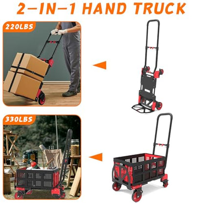 2-in-1 Folding Hand Truck with Folding Basket,Hand Truck with Retractable Handle, 330LBS Capacity Heavy Duty Hand Dolly, Dolly Cart with Wheels for Luggage/Moving/Travel - color: Red-a