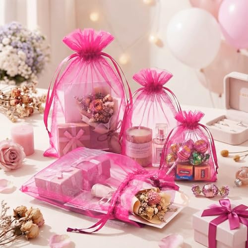 FUNFERY 100Pcs Hot Pink Organza Bags 5x7 in,Small Mesh Drawstring Gift Bag - color: Classic Hot Pink
