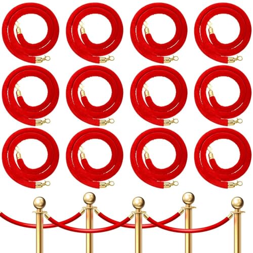 Velvet Stanchion Rope 5.25 Ft Crowd Control Barriers Safety Velvet Rope with Gold Hooks for Graduation Party, Movie Theaters Openings Hotels Carpet, Not Include Stanchion Pos(Size:12 Pack,Color:Red)