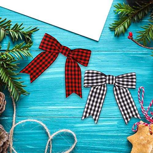 Meseey 50 Pcs 3 Inch Grosgrain Ribbon Twist Ties & Bows - Black & Red Buffalo Plaid Check Premade Craft Bows for Treat Bags & Gift Wrapping - Christmas Party - color: Red and black