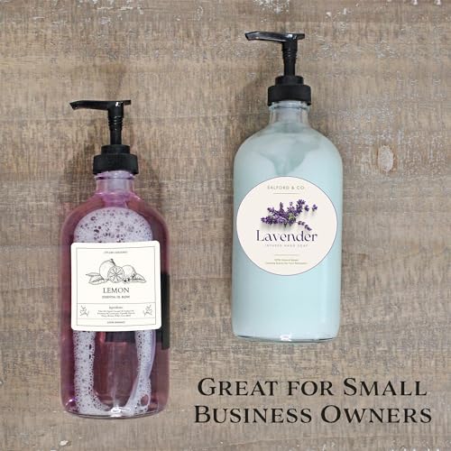 Cornucopia Brands 16-Oz Clear Glass Pump Bottles (2-Pack); Refillable Soap Dispenser Black Lotion Pump Transparent Boston Round Bottles + Chalk Labels & Lids