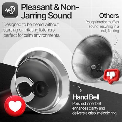 Flexzion Hand Bell for Service - Loud Dinner Bell & Desk Bells with Black Handle, Silver Steel Ringer for Classroom, Hotel Front Desk, School, Elderly at Home Nurse Call Pet Training Food Line, 2 Pack