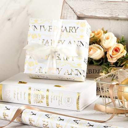 WRAPAHOLIC Happy Anniversary Wrapping Paper Roll - Mini Roll - 17 Inch x 16.5 Feet - Gold Foil Happy Anniversary Lettering Design Perfect for Celebration, Party - color: Happy Anniversary - Gold, size: 17 inch x 16.5 feet